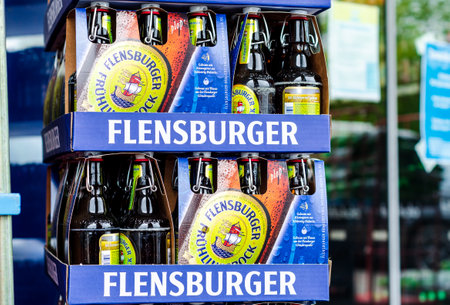 Schleswig, Germany - May 11, 2022: Flensburger Beer in the carton crateのeditorial素材