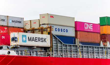 Rendsburg, Germany - May 11, 2022: Containers stacked on a large ship.のeditorial素材