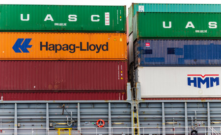 Rendsburg, Germany - May 11, 2022: Containers stacked on a large ship.のeditorial素材