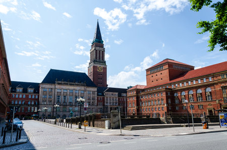 Kiel, Germany - May 11, 2022: View of the Kiel Opera House and the tower of Kiel Town Hall.のeditorial素材