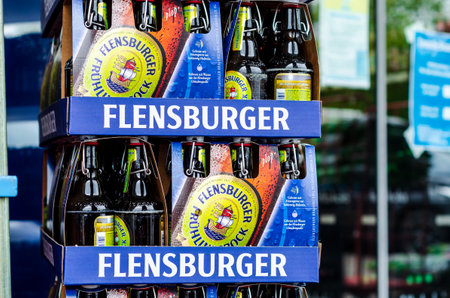 Schleswig, Germany - May 11, 2022: Flensburger Beer in the carton crateのeditorial素材