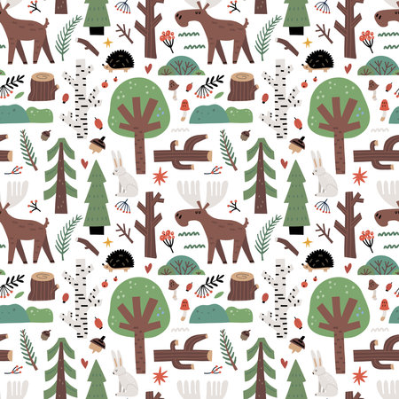 forest pattern. Cute trees and wild animals. Cartoon childish print, scandinavian style kids design. Decor textile, wrapping paper wallpaper. Doodle drawing elk and hedgehog vector seamless backgroundのイラスト素材
