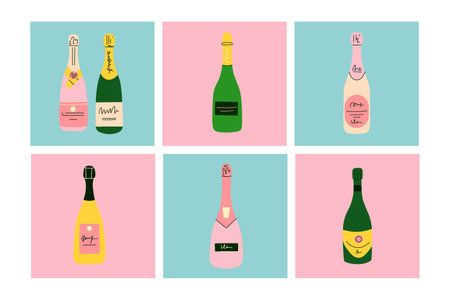 Champagne bottle card set. Cartoon modern pink wine. Doodle drawing contemporary square poster. Alcoholic drink for celebration new year, wedding and birthday. Party beverage vector isolated setのイラスト素材