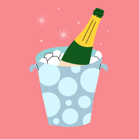 Champagne bottle in ice bucket. Cartoon modern wine. Doodle drawing contemporary card, poster. Alcoholic drink, new year celebration, wedding and birthday. Festive party beverage vector isolated setのイラスト素材