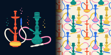 Hookah seamless pattern and print. Modern drawing lounge bar or smoke shop elements, arabic tobacco...