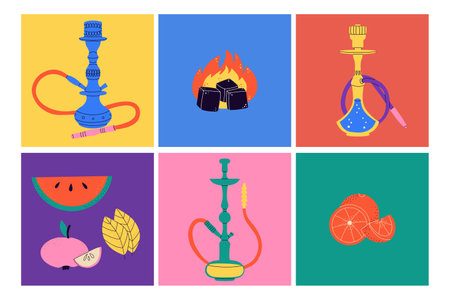 Hookah cards set. Modern drawing lounge bar or smoke shop posters, arabic tobacco smoking equipment. Calabash with glass flask and tubes, charcoal in fire and fruits vector cartoon illustrationのイラスト素材