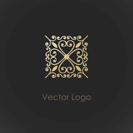 gold logo. Golden hand drawn logotype minimal design for cosmetics, spa or boutique. Floral curvy decor. Luxury elegant tile, emblem or badge. Business fashion identity, vector isolated illustrationのイラスト素材