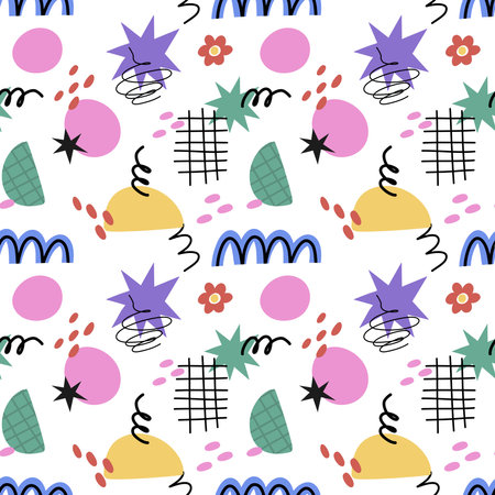 Doodle seamless pattern. Colorful abstract stripes, stars and lines, scandinavian childish minimal geometric background. Decor textile, wrapping paper wallpaper, vector print or fabricのイラスト素材