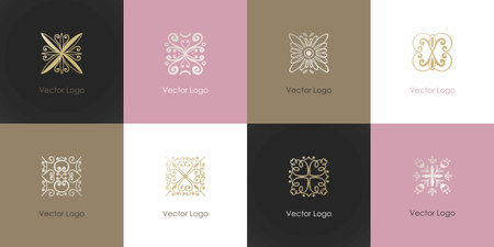 Gold logo. Golden logotype minimal design, cosmetics, spa or boutique hand drawn floral curvy decor. Luxury elegant tile, emblem or badge. Business fashion identity vector isolated illustrationのイラスト素材