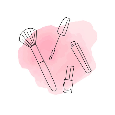Beauty salon logo. Makeup or hairdressing studio, eyelash extension logotype. Different equipment, line elements watercolor drops. Various cosmetics badge. Vector isolated emblem setのイラスト素材