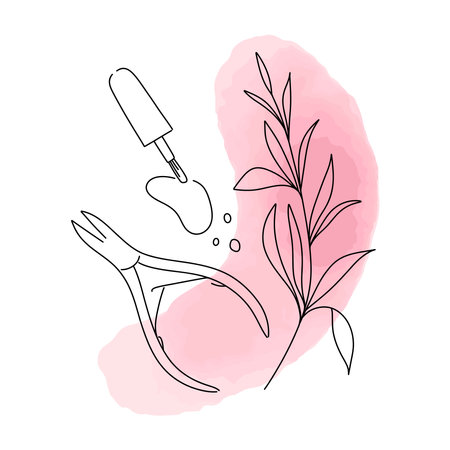 Nail studio logo. Different manicure equipment, polish and remover, women hands with botanical elements. Pink watercolor drops on background. Emblem or badge elegant glamor design, vector setのイラスト素材
