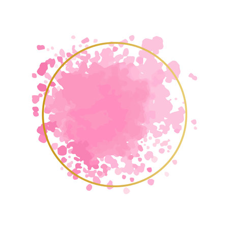 Watercolor frame. Pink brush strokes, golden round figures, splash texture. Pink pastel colors. Wedding, valentine or birthday cards decor. Abstract paint stains. Decorative vector banner or posterのイラスト素材