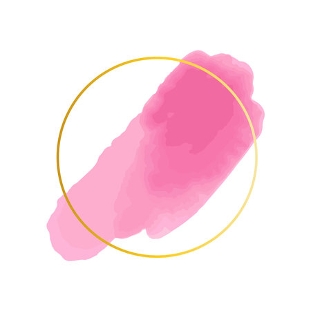 Watercolor frame. Pink brush strokes, golden round figures, splash texture. Pink pastel colors. Wedding, valentine or birthday cards decor. Abstract paint stains. Decorative vector banner or posterのイラスト素材