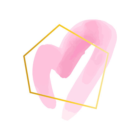 Watercolor frame. Pink brush strokes, golden geometric figures, splash texture. Pink pastel colors. Wedding, valentine or birthday cards decor. Abstract paint stains, decorative banner or posterのイラスト素材