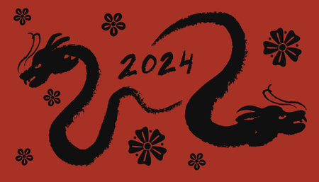Chinese dragon. Traditional New Year zodiac animal, black silhouette on red background, 2024 Horoscope. Asian lunar calendar trendy symbol. Vector reptile illustrationのイラスト素材