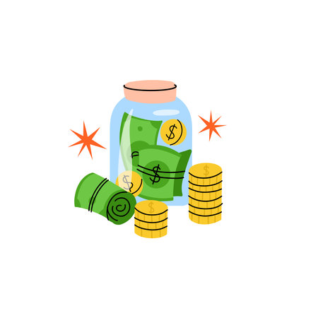 Piggy bank. Cute pink pig with green different dollar banknotes and golden coins. Family budget, earnings and income. Safe finance investment, bank deposit. Finance and business sticker vector setのイラスト素材