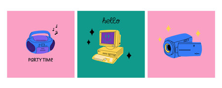 Retro electronics. Computer, flip phone and record player. Tamagochi, headphones and video, camera....