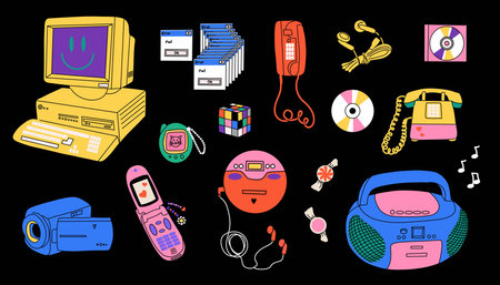 Retro electronics. Computer, flip phone and record player. Tamagochi, headphones and video, camera....