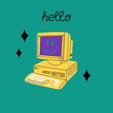 Retro computer y2k style, 90s 2000s electronic device, Nostalgia for 1990s. Keyboard and monitor with smile. Minimal design print and poster. Kawaii sticker. Cartoon flat isolated vector illustrationのイラスト素材
