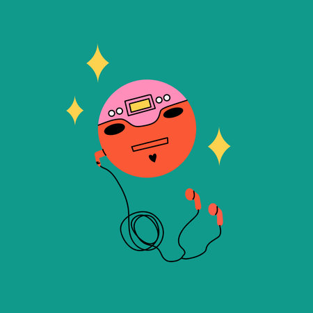 Retro cd player. y2k style, 90s 2000s electronic device, listen music, Nostalgia for 1990s. Party time. Minimal design print and poster. Kawaii sticker cartoon flat isolated vector illustrationのイラスト素材