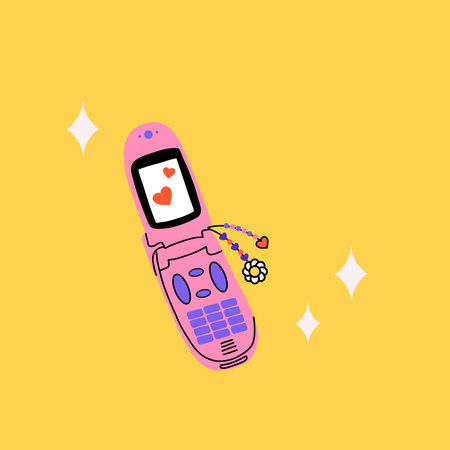 Retro flip phone. y2k style, 90s 2000s electronic device, Nostalgia for 1990s. old, telephone. Call me text. Minimal design print and poster. Kawaii sticker, cartoon flat isolated vector illustrationのイラスト素材