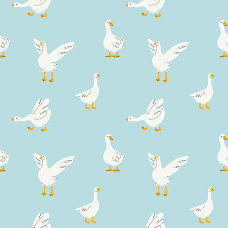 Cute goose seamless pattern. Adorable farm birds. Decor baby textile, wrapping paper, wallpaper design. Childish print for fabric. Vector cartoon flat isolated illustrationのイラスト素材