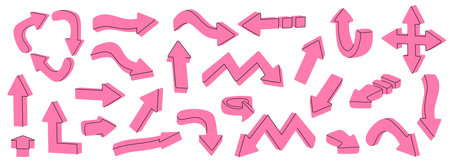 Colorful arrows. Abstract cartoon icons. Pointers for presentation or infographic. 3d modern design. Simple and curved, zigzag and swirl. Vector isolated illustration on white backgroundのイラスト素材