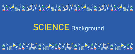 Laboratory glassware banner. Chemical reagents in glass bottles and rest tubes and flasks frame. Medical lab equipment. Scientific research tools. Doodle vector cartoon isolated backgroundのイラスト素材