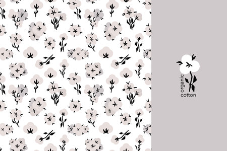 Cotton flower seamless pattern. Organic flowers. White balls with leaves. Decor textile, wrapping paper, wallpaper design. Print for fabric. Rustic trendy greenery, cartoon flat isolated illustrationのイラスト素材