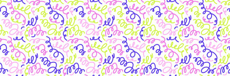 Doodle seamless pattern. Fun colorful line background. 90s kids background. Funny modern childish drawings. Wallpaper and wrapping design. Banner backdrop. Simple party confetti, vector illustrationのイラスト素材
