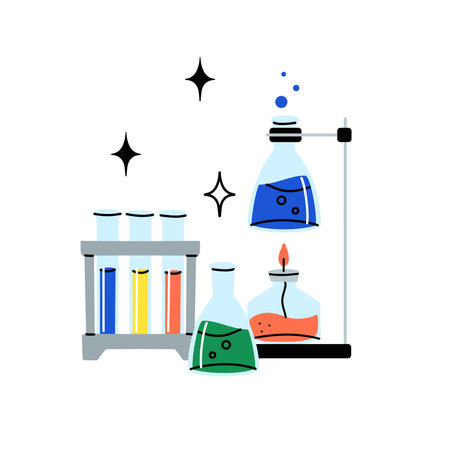 Laboratory equipment. Lab glassware. Chemical reagents in glass bottles and rest tubes and flasks. Medical scientific research tools. Doodle drawing. Vector cartoon flat style isolated illustrationのイラスト素材