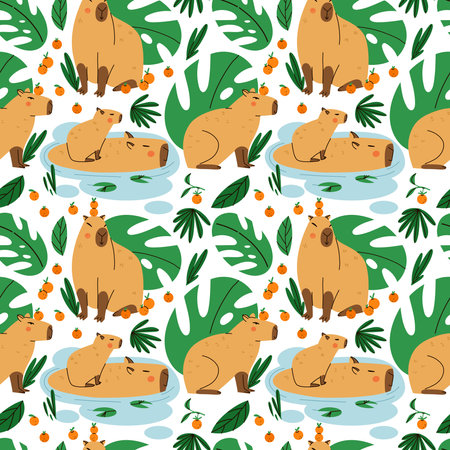 Cute capybara seamless pattern. Funny capibara, adorable exotic animal. South America mammal, tropical leaves background. Textile, wrapping paper, wallpaper design. Print for fabric. Cartoon vectorのイラスト素材