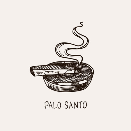 Palo Santo. Hand drawn sticks. Aromatherapy for meditation and calm relaxation, aromatic wood, sketch style drawing. Latin America burning incident with smoke. Yoga and esoteric. Vector illustrationのイラスト素材