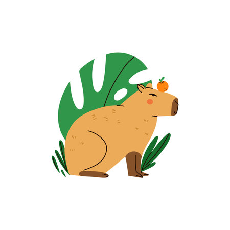 Cute capybara. Funny capibara, adorable exotic animal with orange and tropical leaves standing. South America mammal relaxing, tropical leaves and oranges. Cartoon flat isolated vector illustrationのイラスト素材