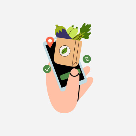 Food delivery. Hand hold smartphone, mobile app screen. Products fast order. Online grocery and supermarket. Eco vegetables in paper bag. Vector cartoon flat style isolated illustrationのイラスト素材