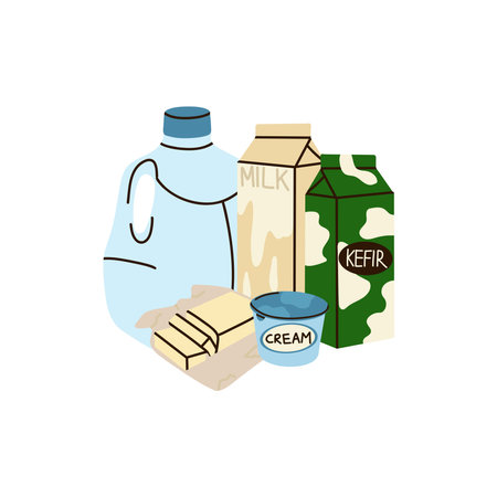 Dairy products set. Milk, kefir and yogurt in cardboard packaging containers, glass bottle. Different cheese, butter and cream. Organic farm healthy food. Vector cartoon flat isolated illustrationのイラスト素材