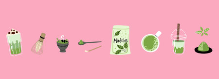 Matcha set. Hand drawn traditional Japanese drink, powder and spoon, bamboo whiskey and cup with latte, Chinese green tea, trendy organic delicious beverage. Vector cartoon elements isolatedのイラスト素材