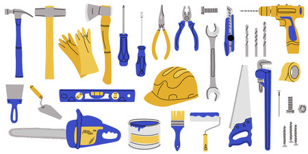Repair tools set. House construction equipment. Doodle style drawing. Building instruments screwdriver saw and hammer. Renovation industry. Vector cartoon flat style isolated contemporary illustrationのイラスト素材