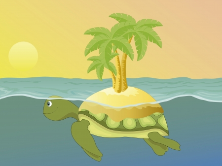 Island on the back of a sea turtle, swimming at sunsetのイラスト素材