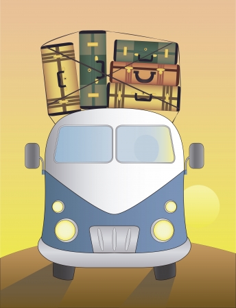 Blue van with luggage on it, driving at sunsetのイラスト素材