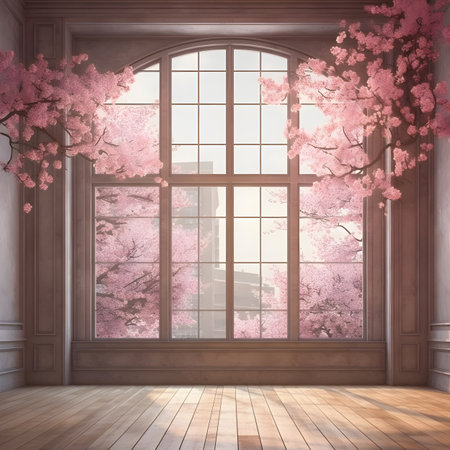 Serene scene: flowers and window in a pure roomの写真素材
