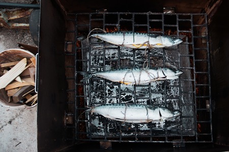 how to smoke fish at smoker. Mackerel on the smokehouse grill at homeの写真素材