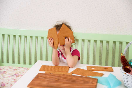kid girl examines the details of the gingerbread houseの写真素材