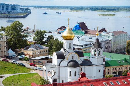 Nizhny Novgorod, Russia, July 12, 2019. Aerial panoramic view of the city in summer day. Church of the Kazan Icon of the Mother of God, Volga river, and historic buildings in the center of old town.のeditorial素材