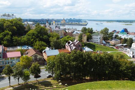 Nizhny Novgorod, Russia, July 12, 2019. Aerial panoramic view of the city in summer day. Stadium for the 2018 FIFA World Cupのeditorial素材