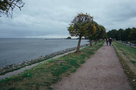 Saint Petersburg, Russia - 18 September 2015 - The Gulf of Finland in Peterhof park in cloudy autumn day.のeditorial素材