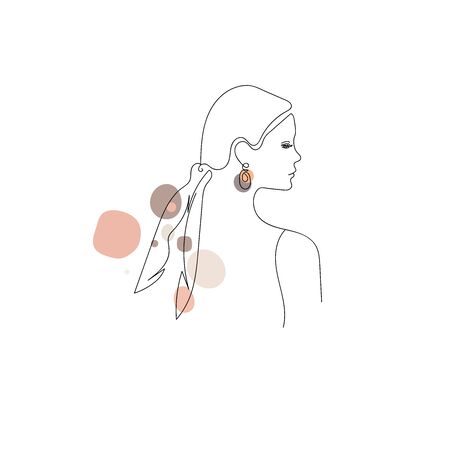 Minimalist profile of woman wearing accessories, continuous line art with colored shapes, hand drawing icon for pins, card and designのイラスト素材