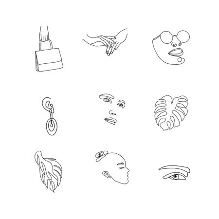 Set of trendy contour linear icons and elements for delicate feminine design, minimalictic simple fashion elements, woman faces, accessories, eyes, leaves, vector illustrationのイラスト素材