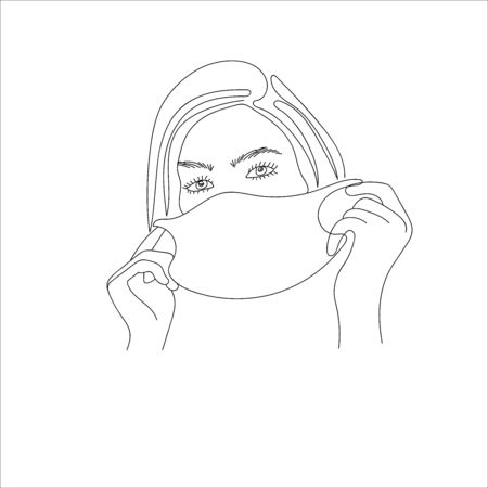 Linear woman face portrait wearing medical facial protective mask as fashion accessories, vector illustrationのイラスト素材