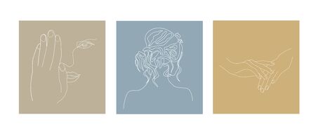 Set of abstract minimalistic line art drawing prints in neutral pallet colors, subtle beautiful pictures of female hands, face and hairstyle, vector illustration for feminine designのイラスト素材